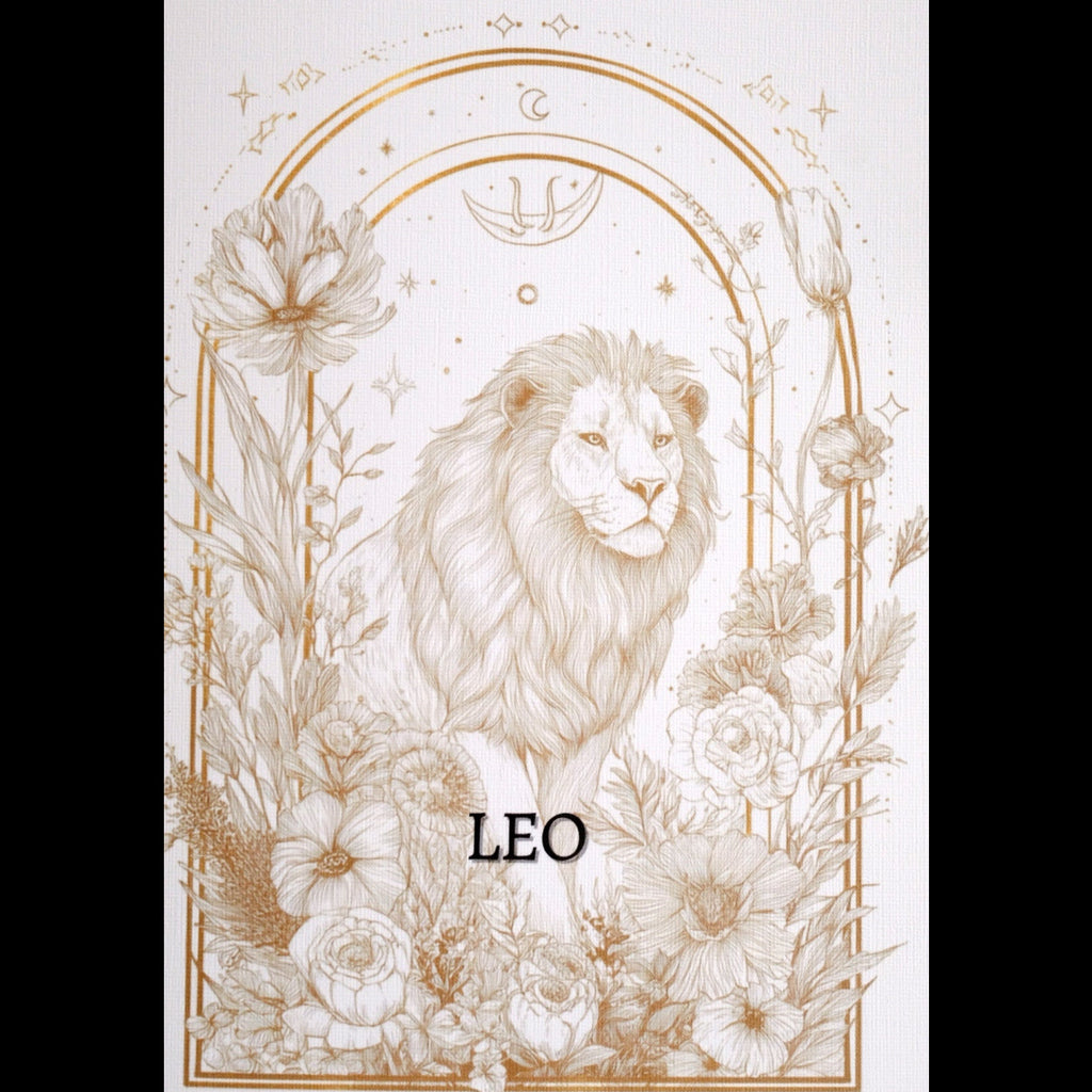 Illustration of a lion surrounded by flowers and leaves with 'LEO' text on a white background.