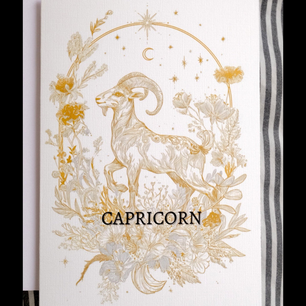 Card with Capricorn zodiac design on a striped background