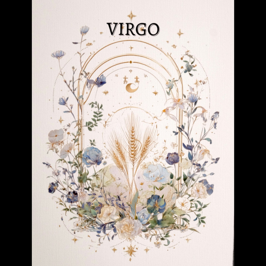 Decorative card with 'Virgo' text surrounded by floral and astrological symbols on a white background.