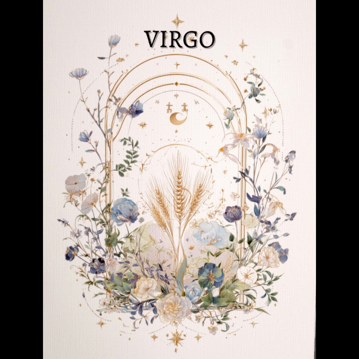 Decorative card with 'Virgo' text surrounded by floral and astrological symbols on a white background.