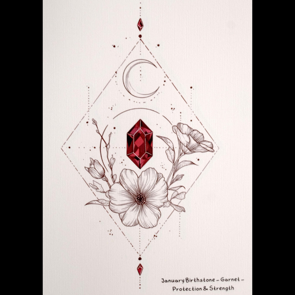 Decorative design with flowers, gemstone, and geometric elements on a white background