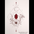 Decorative design with flowers, gemstone, and geometric elements on a white background