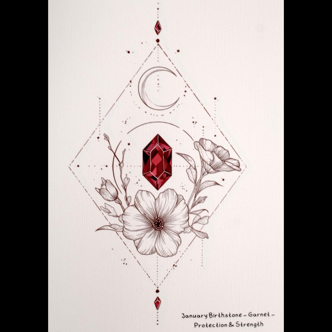 Decorative design with flowers, gemstone, and geometric elements on a white background