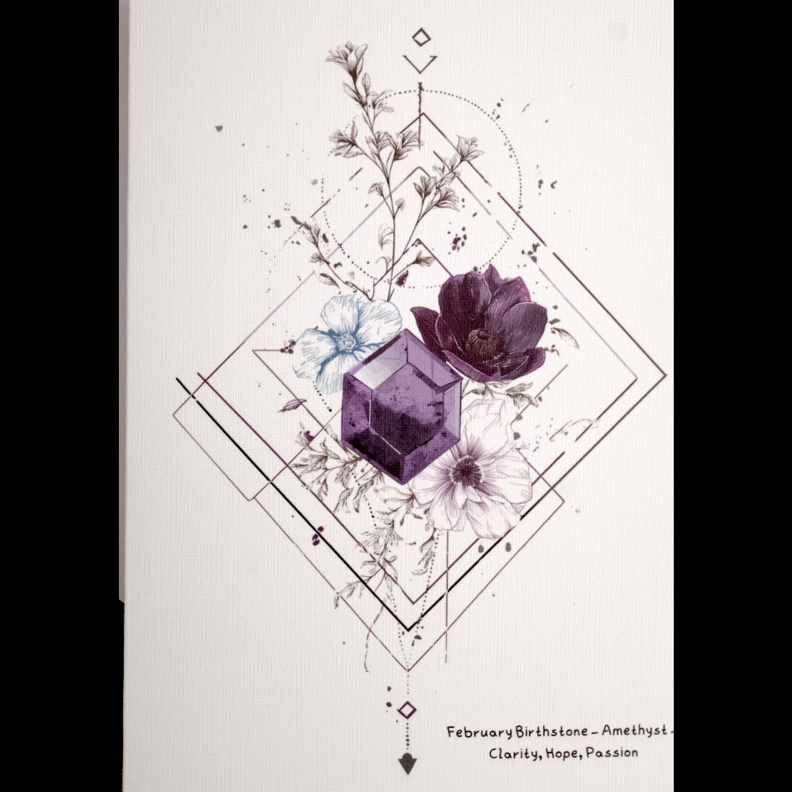 Decorative card with purple flowers and geometric design on a white background