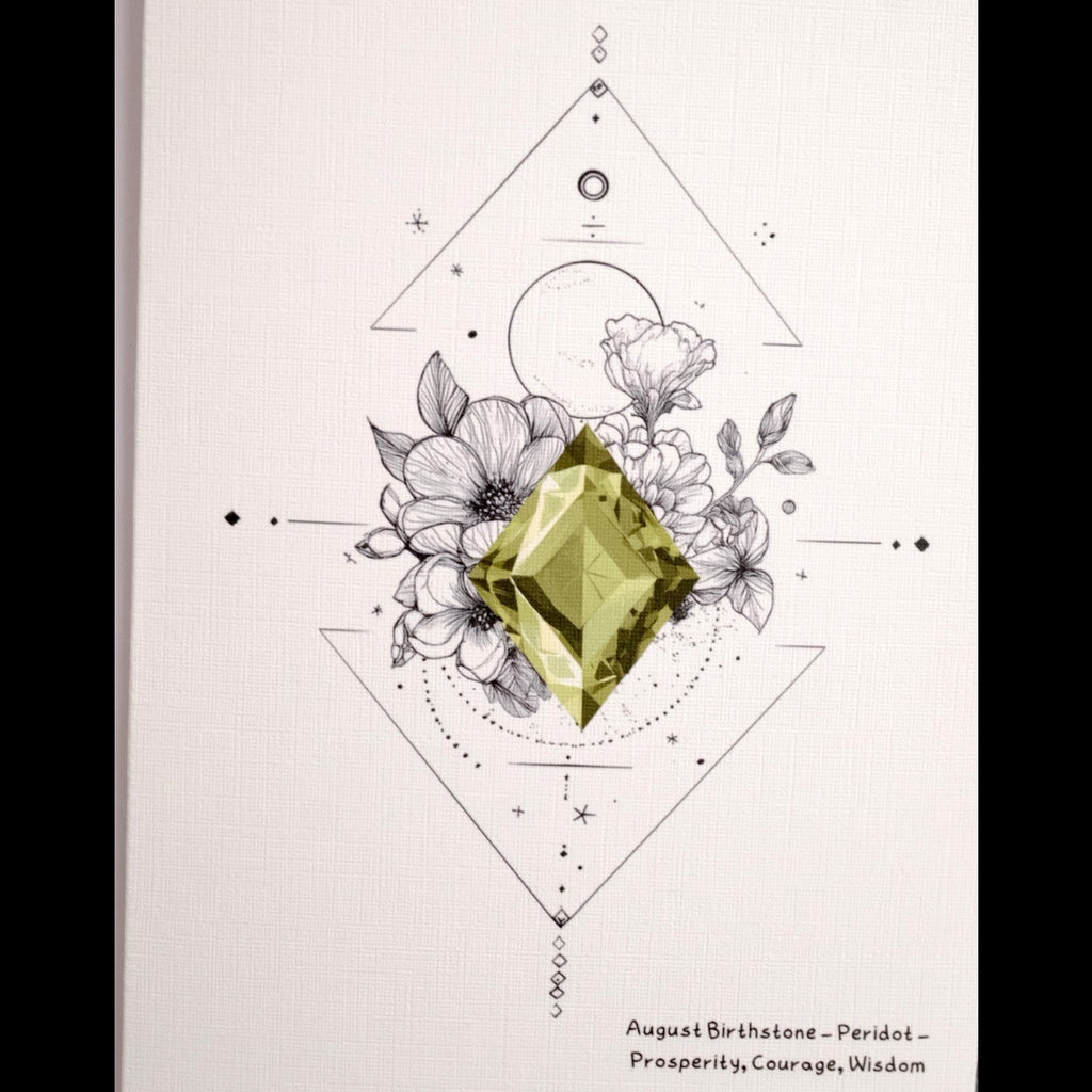 Card with geometric design featuring a green gemstone and flowers on a white background.