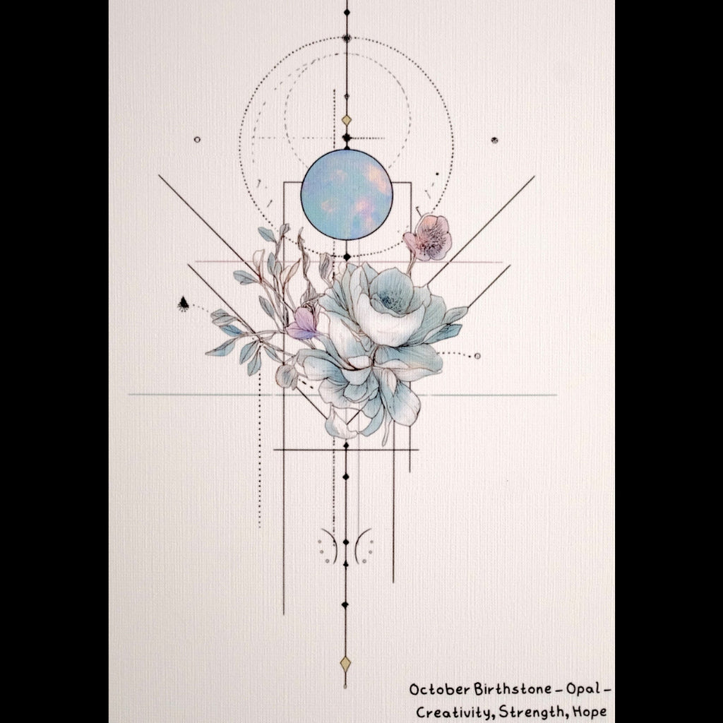 Geometric design with flowers and a moon, featuring the October birthstone Opal.