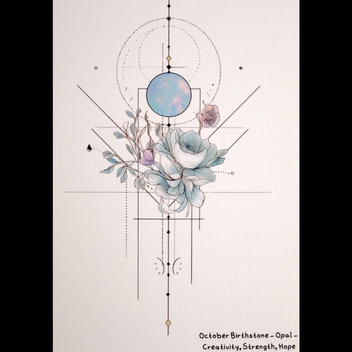 Geometric design with flowers and a moon, featuring the October birthstone Opal.