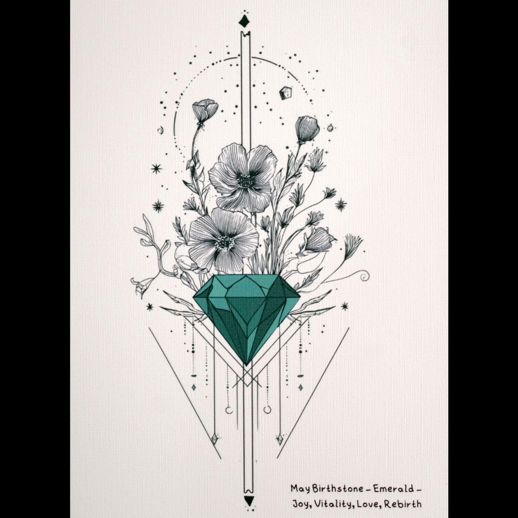 Artistic design of flowers and a green gemstone with geometric elements on a white background.