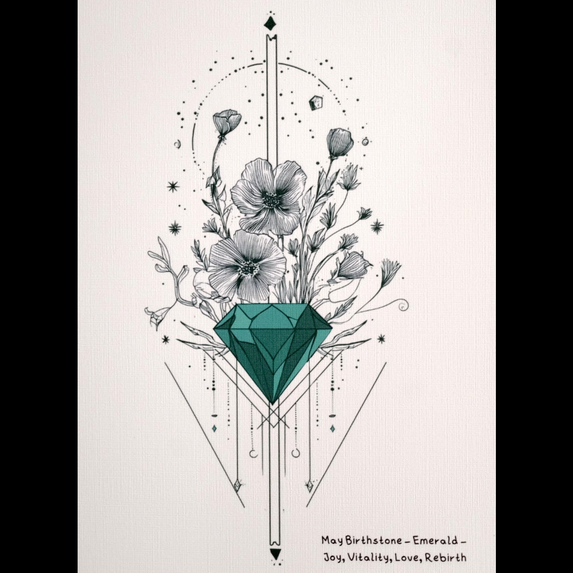 Artistic design of flowers and a green gemstone with geometric elements on a white background.
