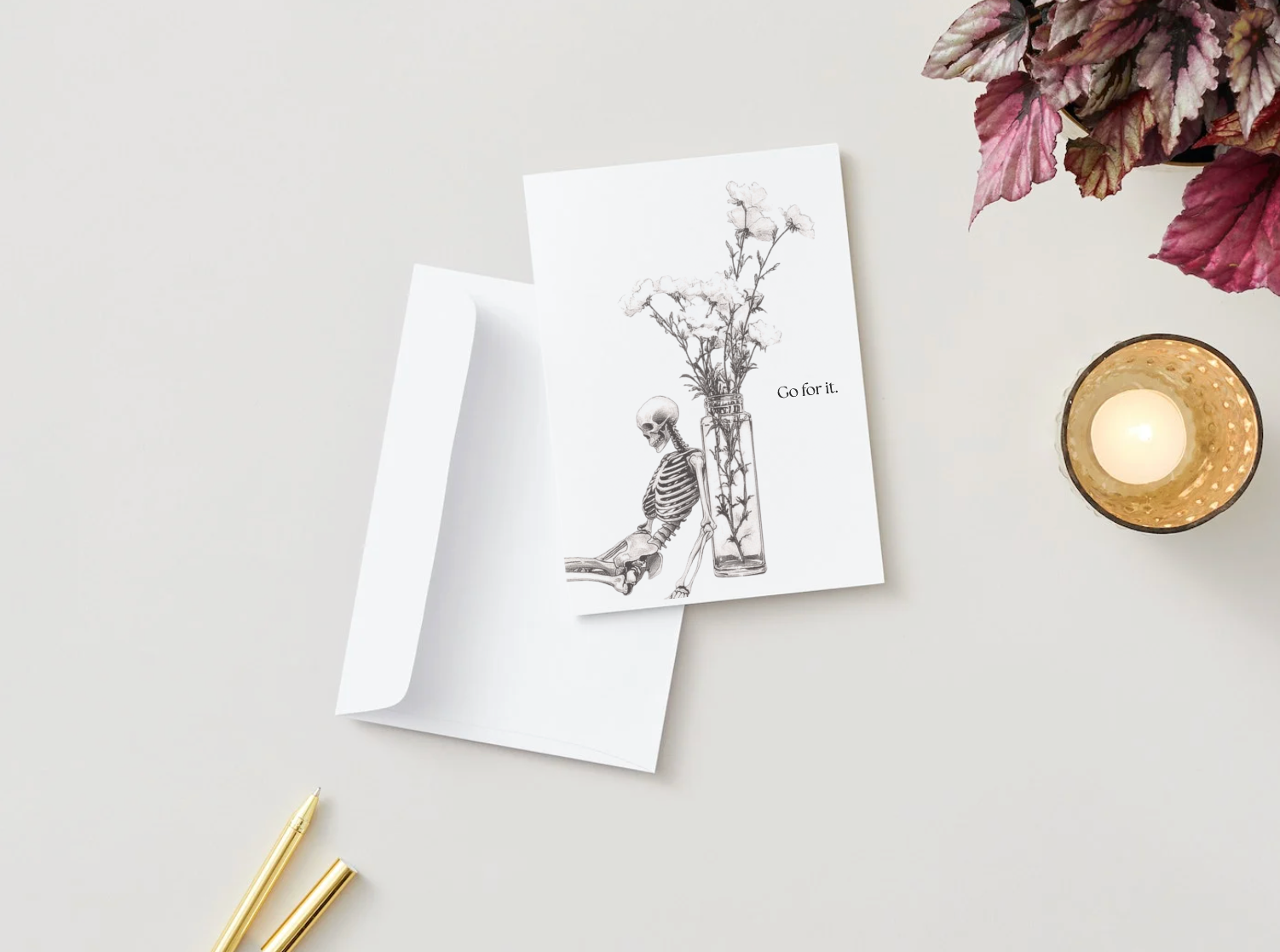 Go For It Bold Skeleton & Flowers Greeting Card | Blank Inside for Your Personal Message
